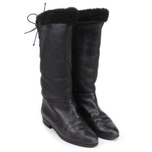 Bally Black Leather Shearling Lined Knee High Lace Back Boots ~7/7 .5 Italy